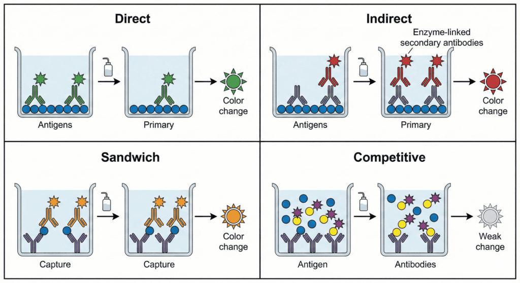 Esquema comparativo de los 4 tipos de técnica ELISA: Directo, Indirecto, Sandwich y Competitivo, mostrando la interacción antígeno-anticuerpo.