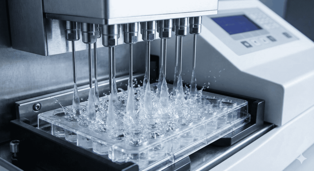 Lavadora automática de microplacas dispensando buffer de lavado en los pocillos para eliminar anticuerpos no unidos y reducir el ruido de fondo.