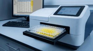 Placa ELISA de 96 pocillos con resultados colorimétricos siendo insertada en un lector de microplacas en un laboratorio.